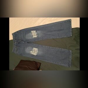 Blue Flare Wide Leg Jeans with Distressed Details